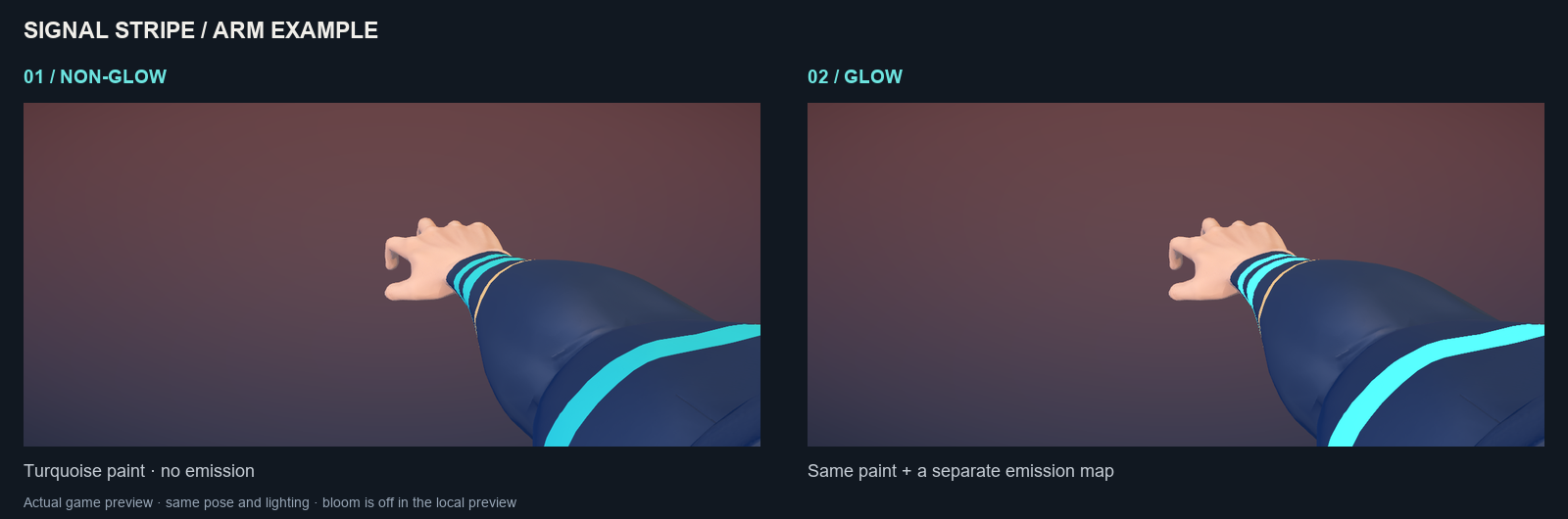 Actual game previews of the same navy and turquoise arm: non-glowing paint on the left, brighter emissive bands on the right.