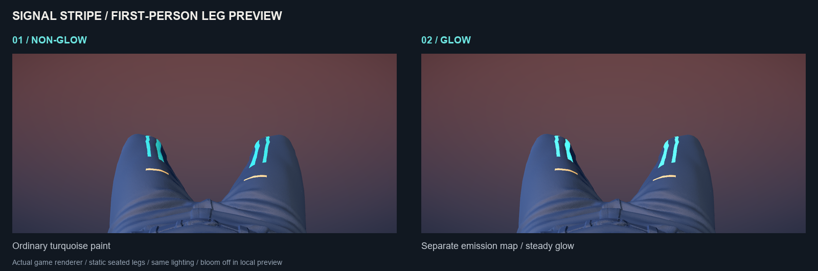 First-person local previews of both Signal Stripe leg finishes, showing the accents over the knees and the same navy waist and thighs.