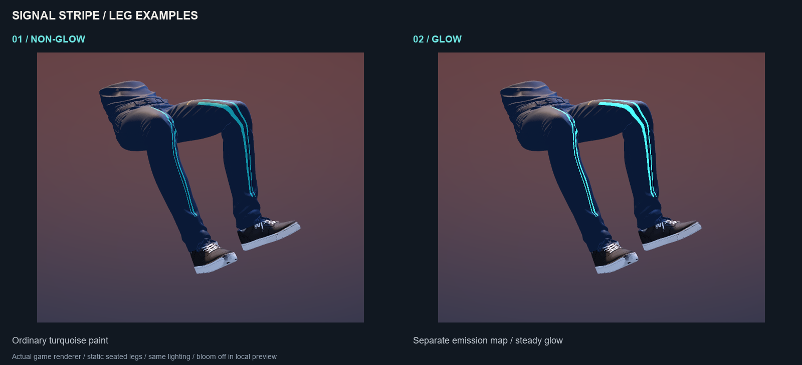 Full seated leg models rendered by the game: navy trousers with turquoise accents, non-glow on the left and steady emission on the right. Both retain the original dark lace-up shoes.