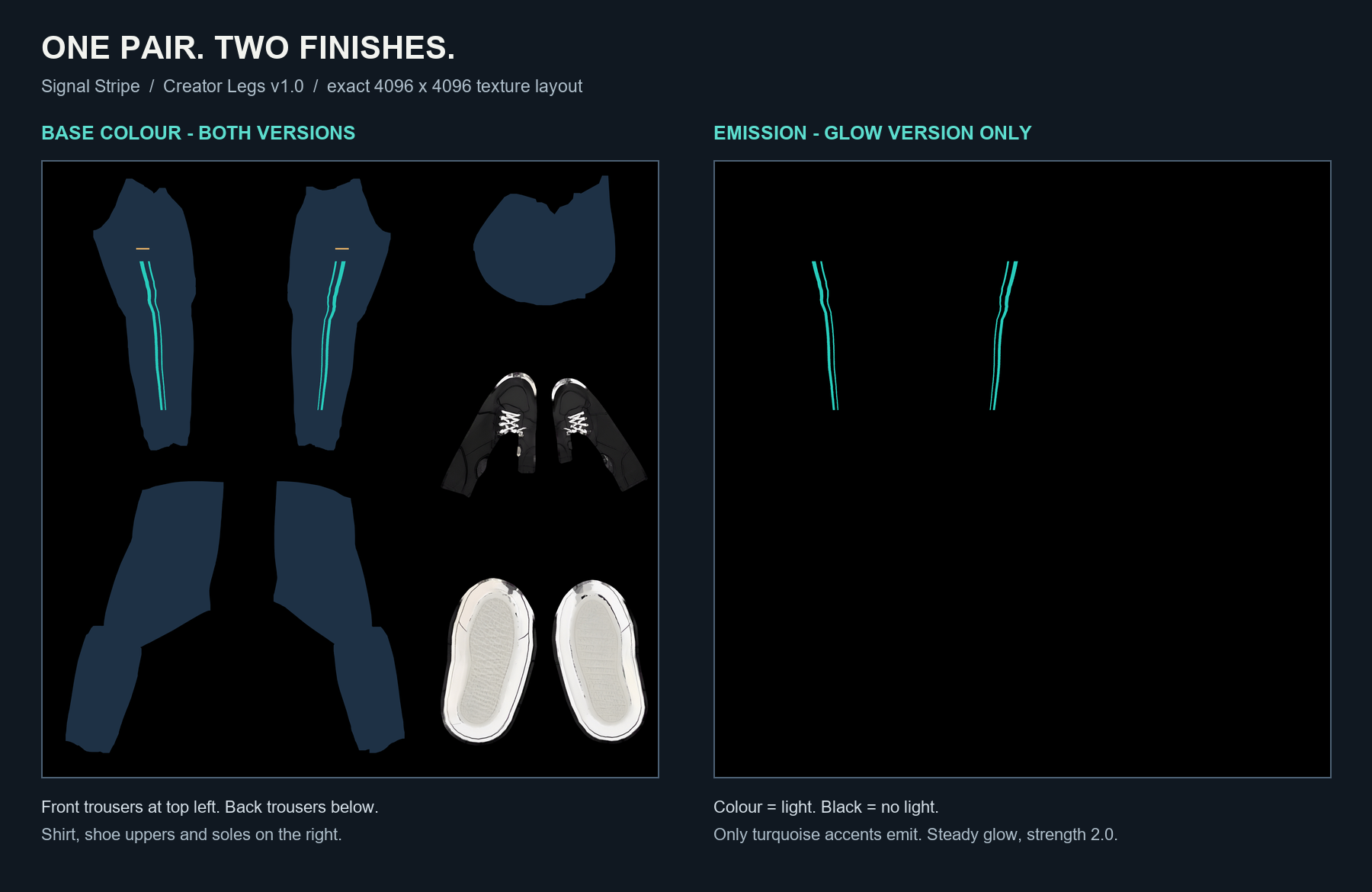 The leg example's actual colour texture beside its black emission map. Trouser fronts occupy the upper left, backs the lower left, with shirt, shoe uppers and soles on the right. Only the turquoise front accents emit.